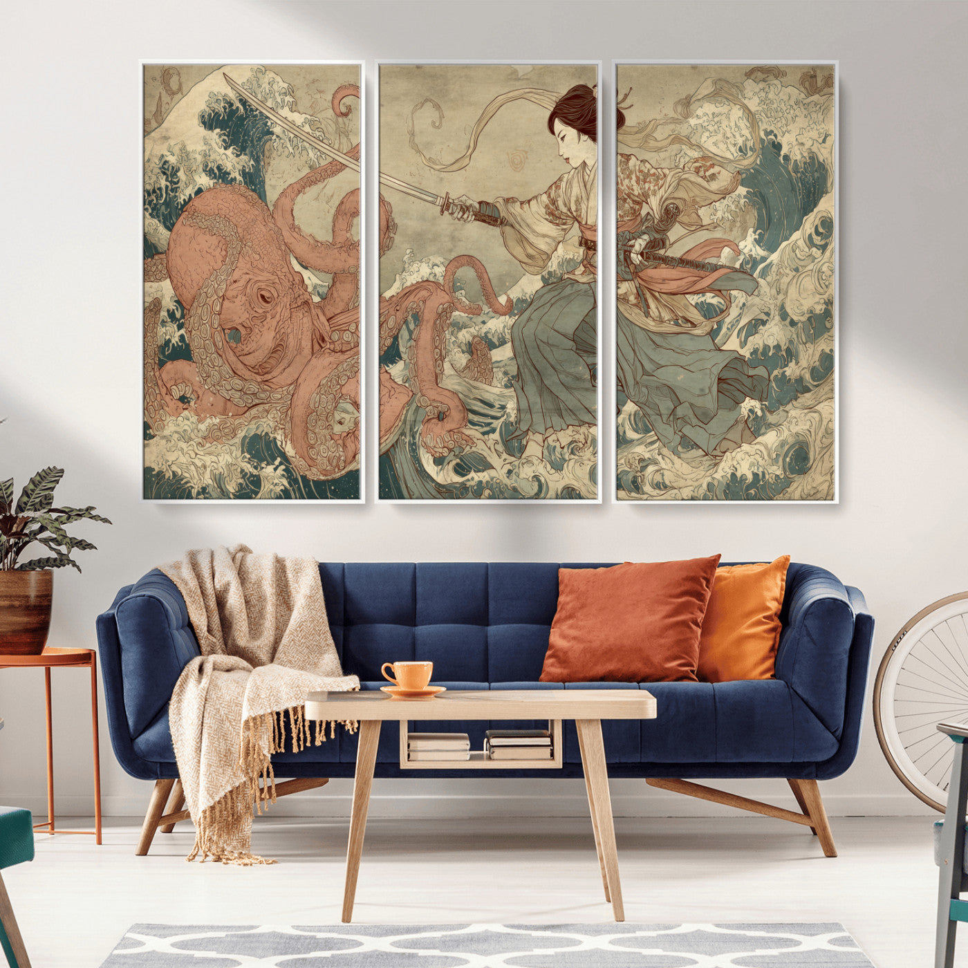 Tsukioka Yoshitoshi Samurai Wall Art Print, Japanese Katana Warrior Canvas Wall Art, Octopus Sea Monster Canvas Print,