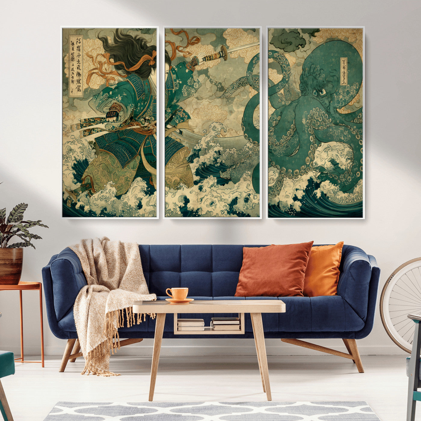 Tsukioka Yoshitoshi Samurai Wall Art Print, Japanese Katana Warrior Canvas Wall Art, Octopus Sea Monster Canvas Print,