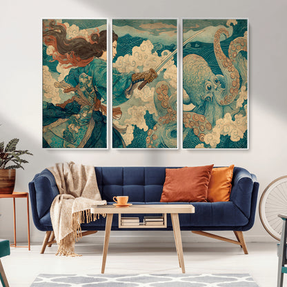 Tsukioka Yoshitoshi Samurai Wall Art Print, Japanese Katana Warrior Canvas Wall Art, Octopus Sea Monster Canvas Print,