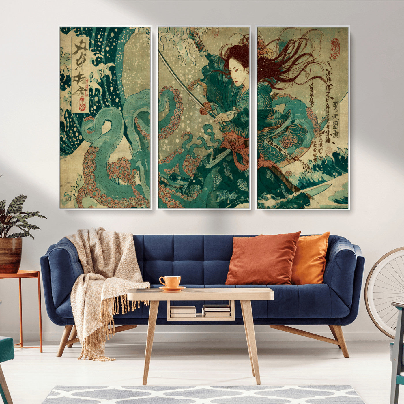 Tsukioka Yoshitoshi Samurai Wall Art Print, Japanese Katana Warrior Canvas Wall Art, Octopus Sea Monster Canvas Print,
