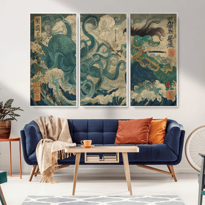 Tsukioka Yoshitoshi Samurai Wall Art Print, Japanese Katana Warrior Canvas Wall Art, Octopus Sea Monster Canvas Print,