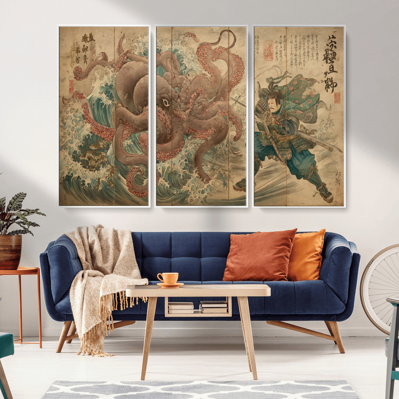 Tsukioka Yoshitoshi Samurai Wall Art Print, Japanese Katana Warrior Canvas Wall Art, Octopus Sea Monster Canvas Print,