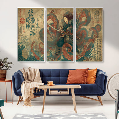 Tsukioka Yoshitoshi Samurai Wall Art Print, Japanese Katana Warrior Canvas Wall Art, Octopus Sea Monster Canvas Print,
