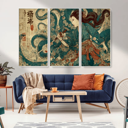 Tsukioka Yoshitoshi Samurai Wall Art Print, Japanese Katana Warrior Canvas Wall Art, Octopus Sea Monster Canvas Print,
