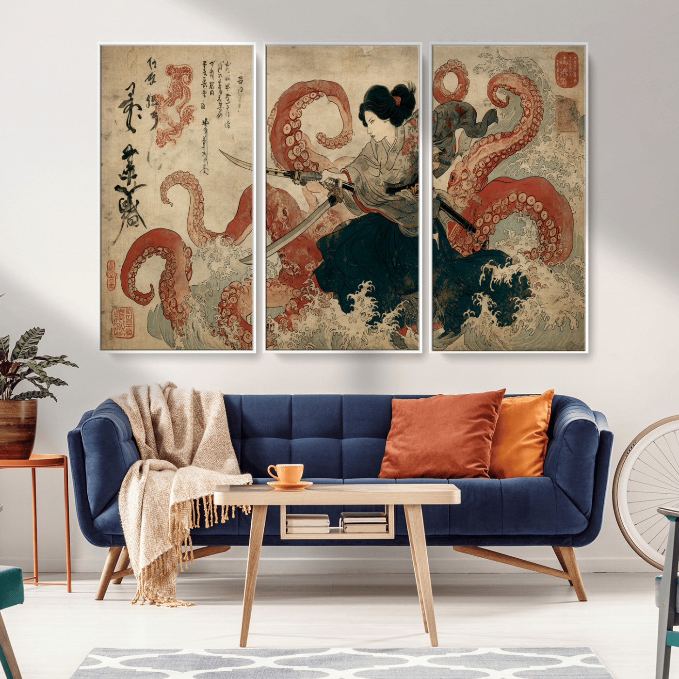 Tsukioka Yoshitoshi Samurai Wall Art Print, Japanese Katana Warrior Canvas Wall Art, Octopus Sea Monster Canvas Print,