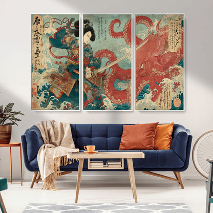 Tsukioka Yoshitoshi Samurai Wall Art Print, Japanese Katana Warrior Canvas Wall Art, Octopus Sea Monster Canvas Print,