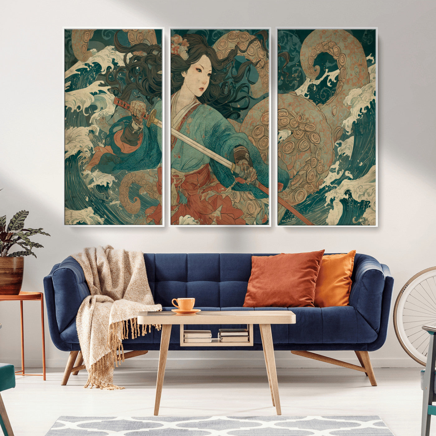 Tsukioka Yoshitoshi Samurai Wall Art Print, Japanese Katana Warrior Canvas Wall Art, Octopus Sea Monster Canvas Print,