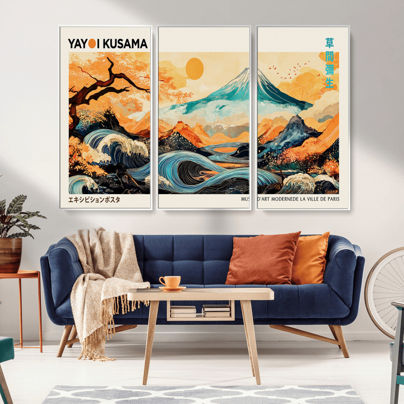 Modern Japanese-style art print featuring a stylized Mount Fuji, flowing waves, and vibrant landscapes in bold colors, inspired by traditional and contemporary aesthetics.