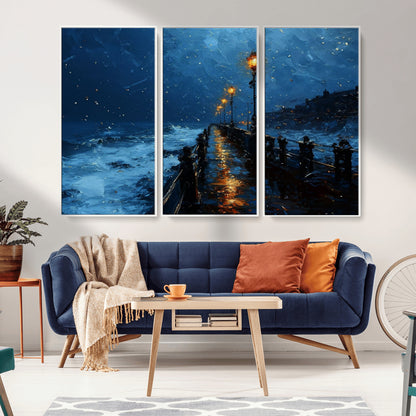 "Impressionistic painting of a rainy pier at night with glowing street lamps reflecting on the wet surface, ocean waves crashing under a dark blue sky."