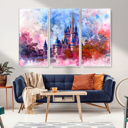 Watercolor canvas of a dreamy Disney-style castle in pastel pink and blue tones, perfect for fairytale or whimsical home decor.