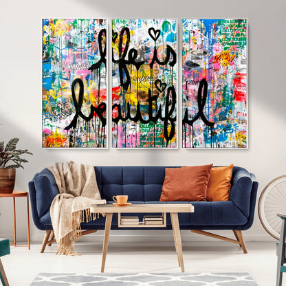 Colorful urban-style canvas with graffiti text “Life is Beautiful” in black paint, ideal for bold or street-themed home decor.