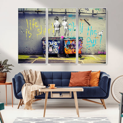 Graffiti-style canvas art with bold text and two naked figures over urban dumpsters, ideal for edgy or street-style decor.
