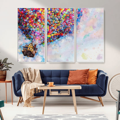 Whimsical canvas of the house from the movie Up flying with colorful balloons, ideal for Pixar or animation-themed decor.