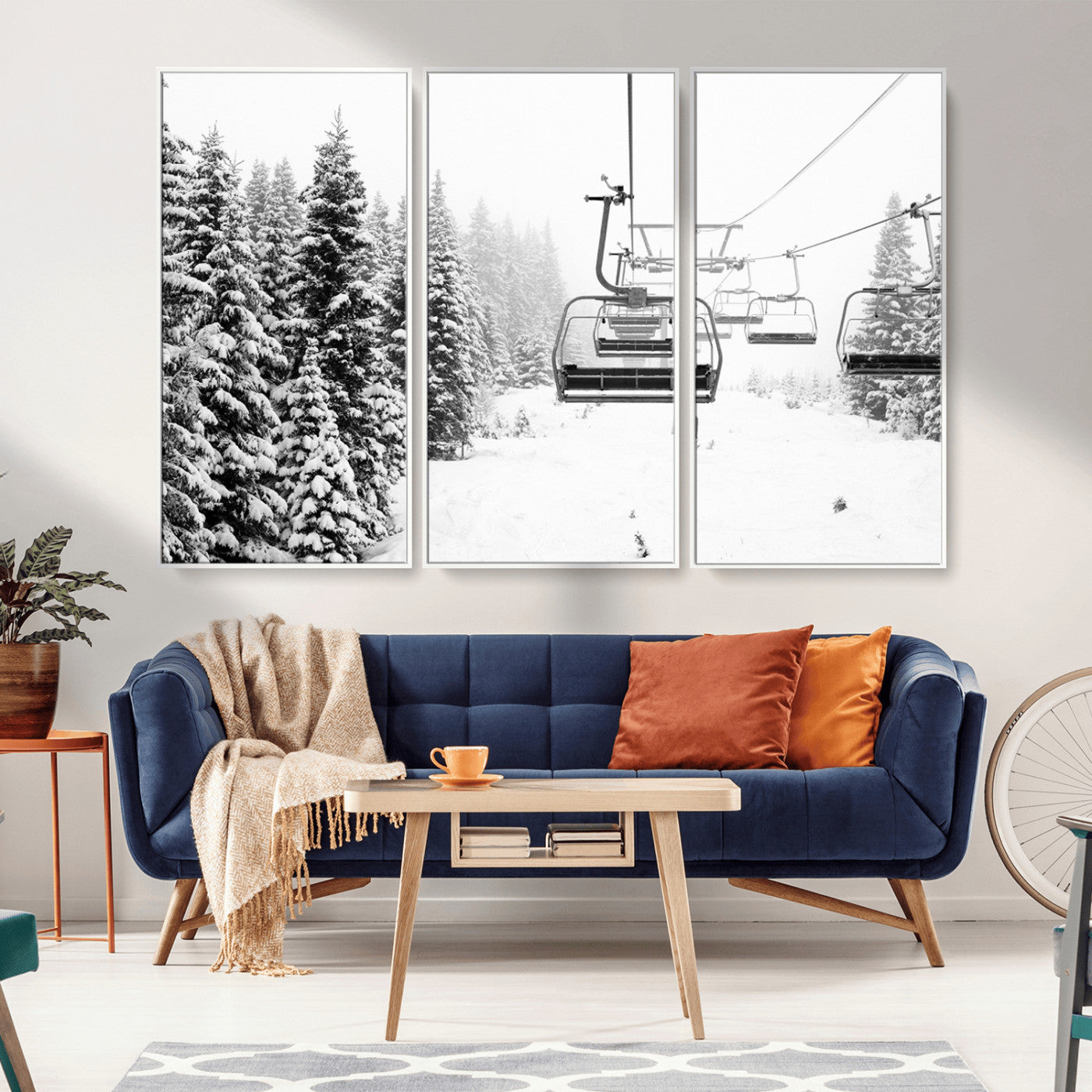 Black and white canvas of empty ski lifts over a snowy pine forest, perfect for minimal winter or ski lodge-inspired decor.