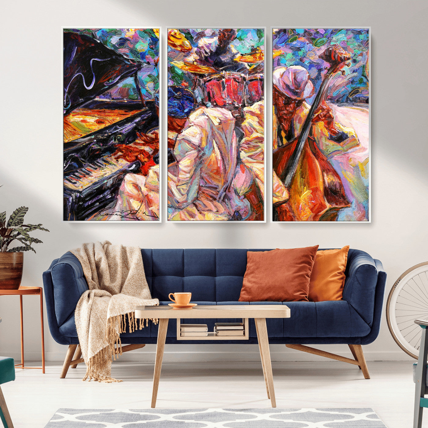 Vibrant oil painting of a jazz band with piano, saxophone, and bass, ideal for colorful and expressive music-themed home decor.