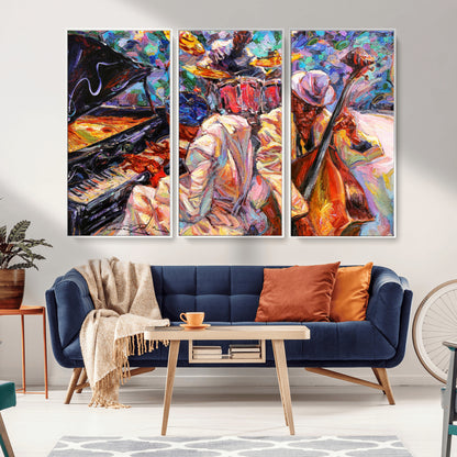 Vibrant oil painting of a jazz band with piano, saxophone, and bass, ideal for colorful and expressive music-themed home decor.