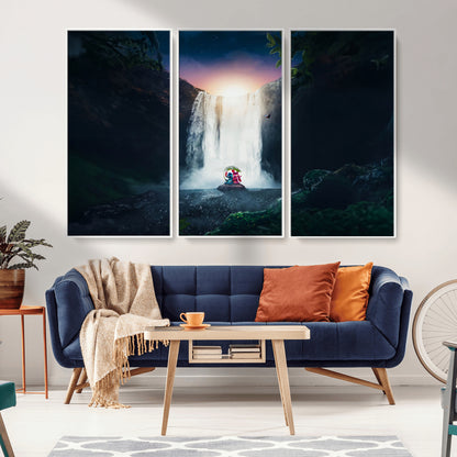 Romantic scene of Stitch and Angel sitting under a leaf in front of a glowing waterfall, ideal for tropical or fantasy-themed decor.