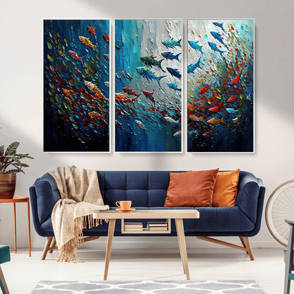 Colorful painting of fish swimming in abstract ocean swirls, perfect for vibrant marine-themed or expressive coastal home decor.