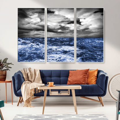Moody canvas wall art of a stormy ocean under a dramatic black-and-white sky, perfect for bold or coastal-style interiors.