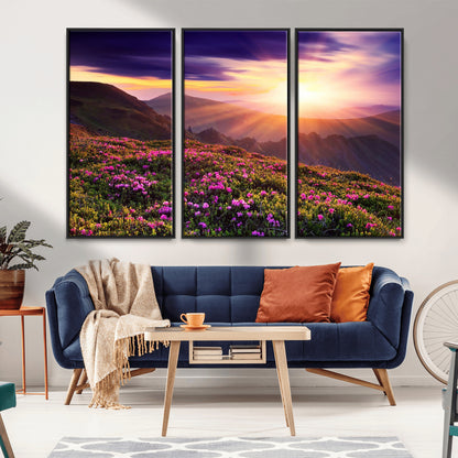 -Mountain Sunrise Wall Art – Vibrant Floral Landscape Canvas Print, Nature Home Decor for Living Room, Bedroom Office or Cabin