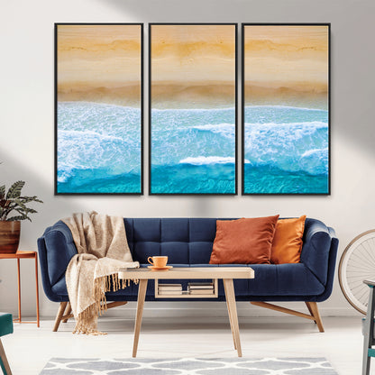 -Aerial Beach Wall Art – Serene Ocean Waves & Sandy Shore Canvas Print, Coastal Home Decor for Living Room, Bedroom or Office