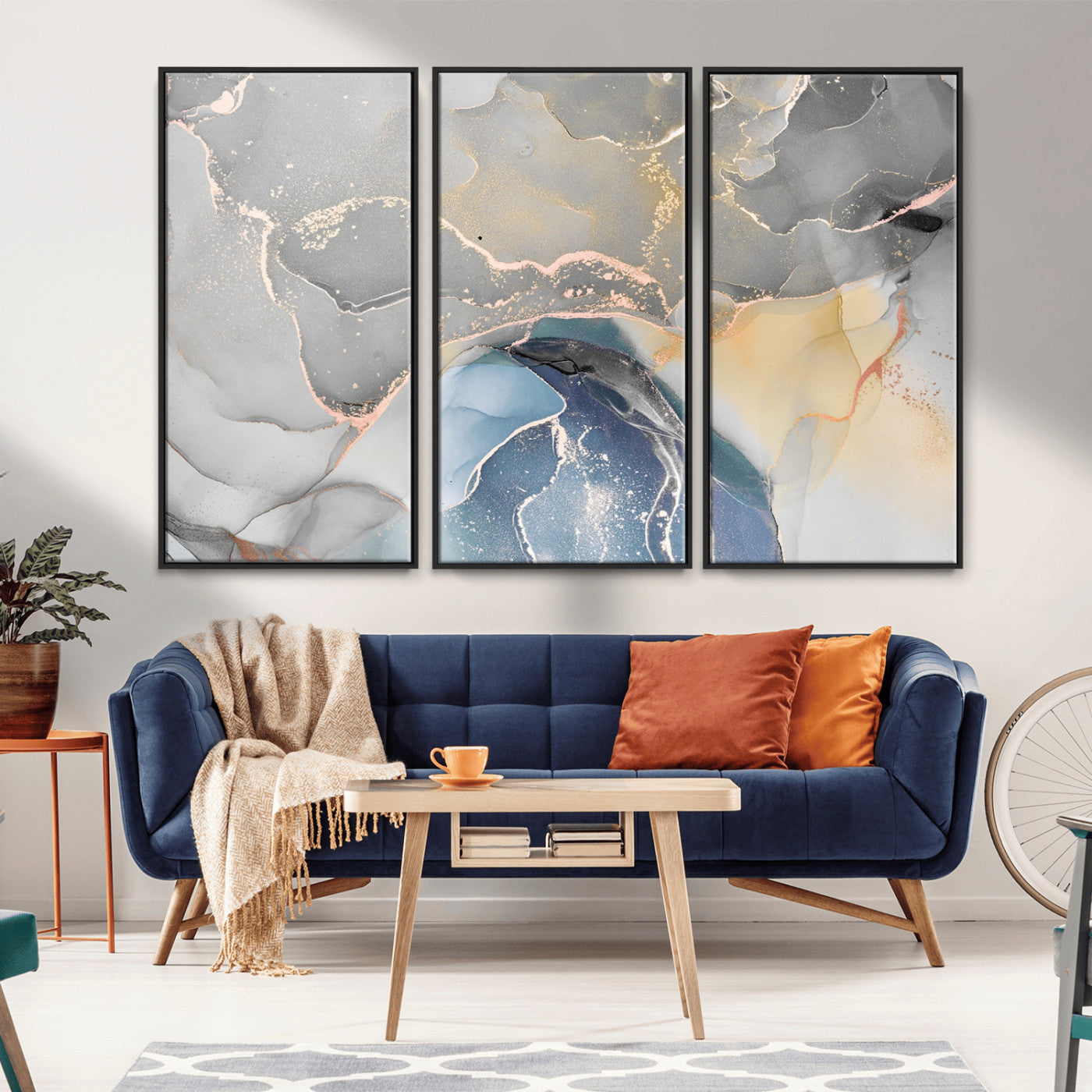 63211-MGV-FC-48X32-3P_Black-Abstract Fluid Art Wall Decor – Blue, Gray & Gold Canvas Print, Modern Home and Office Wall Art Decor for Living Room, Bedroom or Workspace