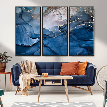 -Abstract Blue Gold Fluid Art Wall Decor – Modern Canvas Print, Elegant Home & Office Wall Art, Stylish Living Room or Bedroom Decoration