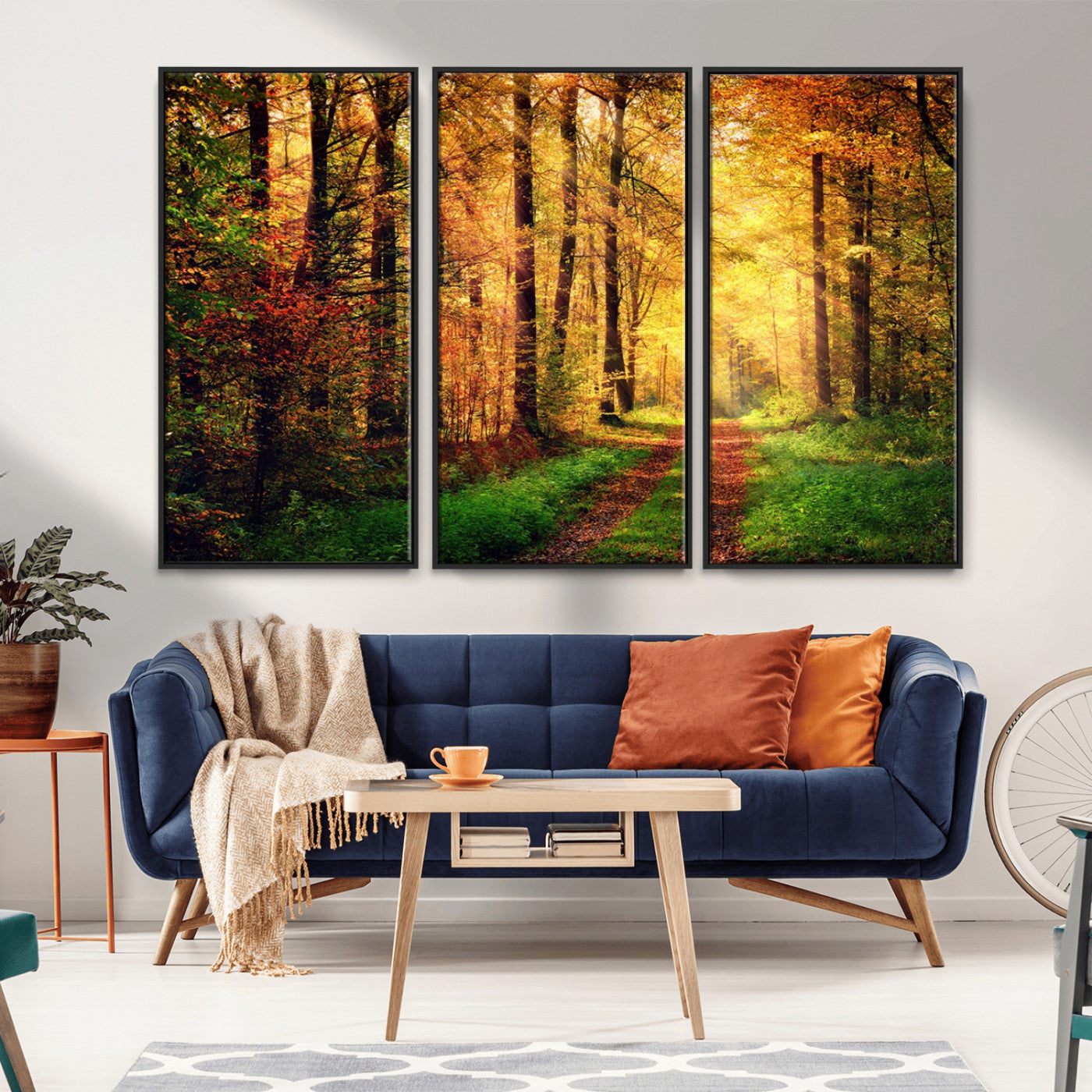 73494-MGV-CV-36X24-Golden Autumn Forest Path Wall Art – Sunlit Woodland Canvas Print, Fall Nature Landscape Home Decor