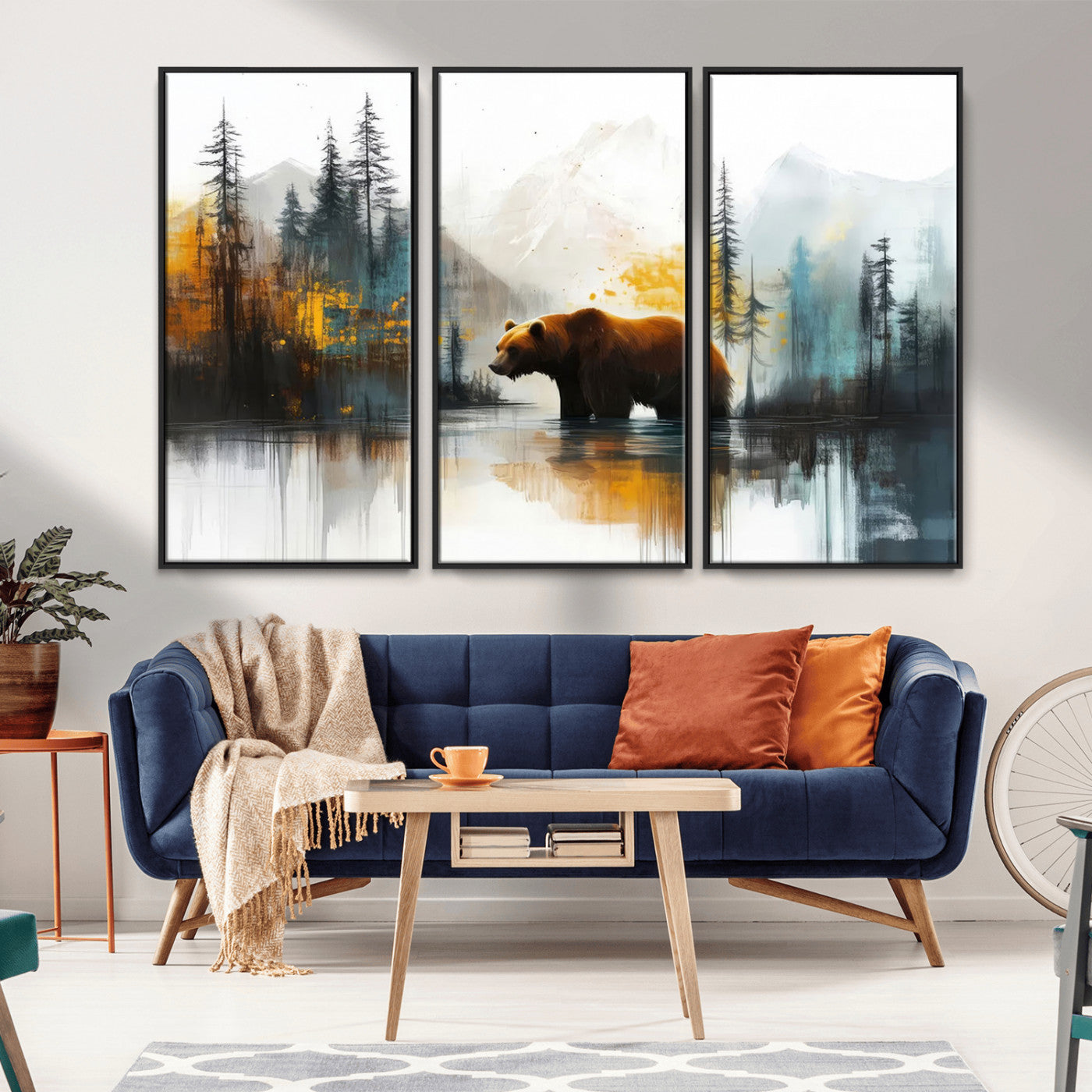 A majestic bear stands by the serene waters of a misty forest, surrounded by towering trees and distant mountains, evoking the raw beauty and wild spirit of nature.