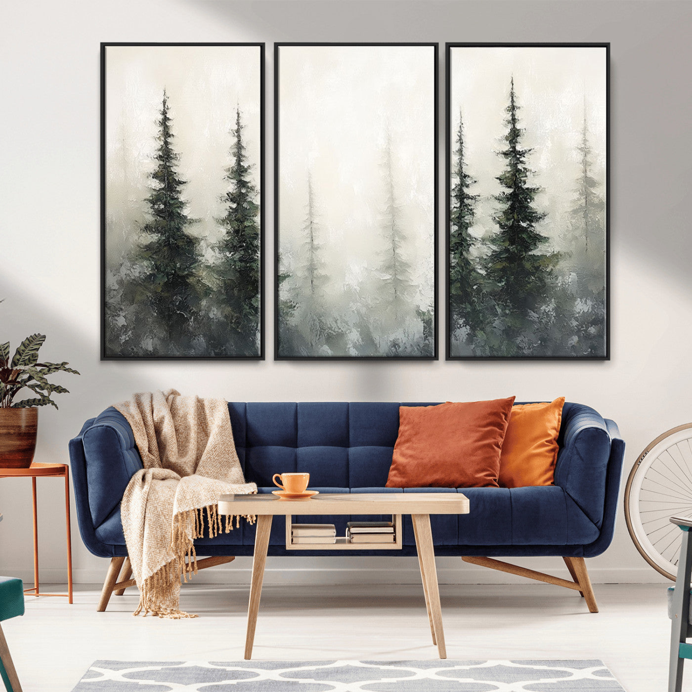 Soft and misty pine forest painting in neutral earthy tones, ideal for calm woodland or minimalist rustic home decor.