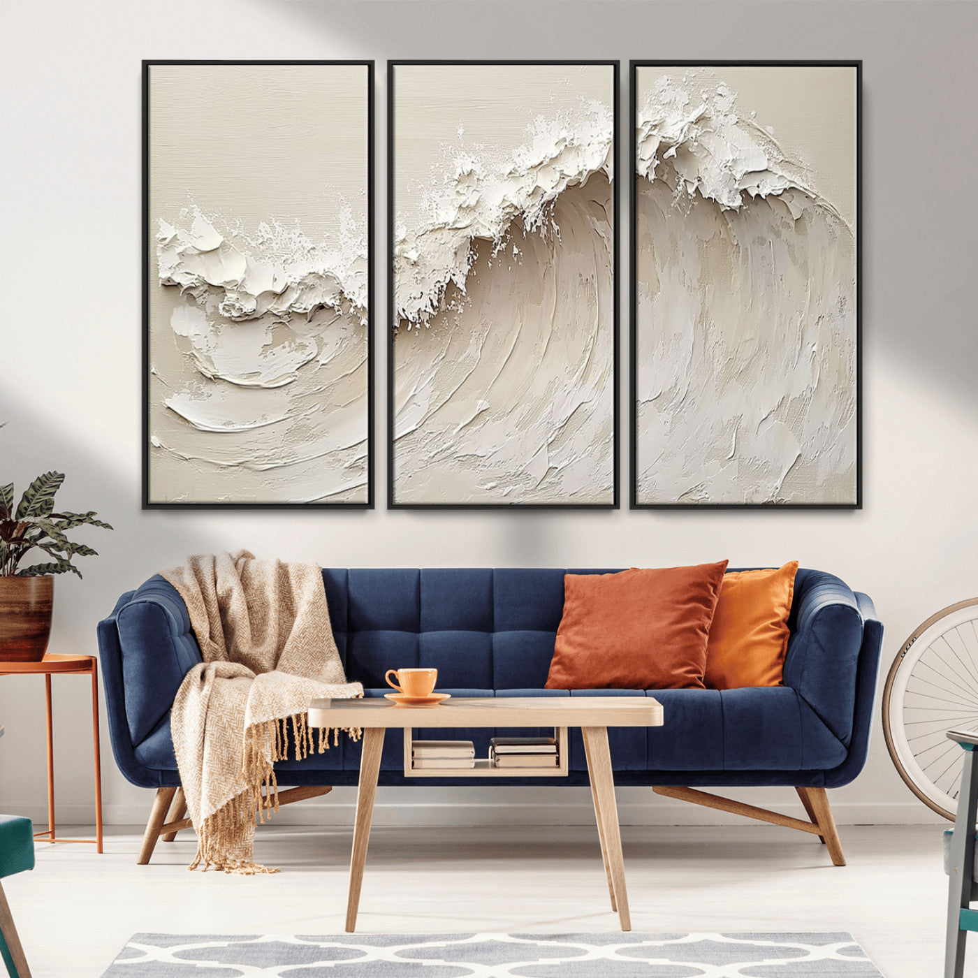 Textured canvas of an abstract white ocean wave in neutral tones, ideal for modern coastal or minimalist home decor.