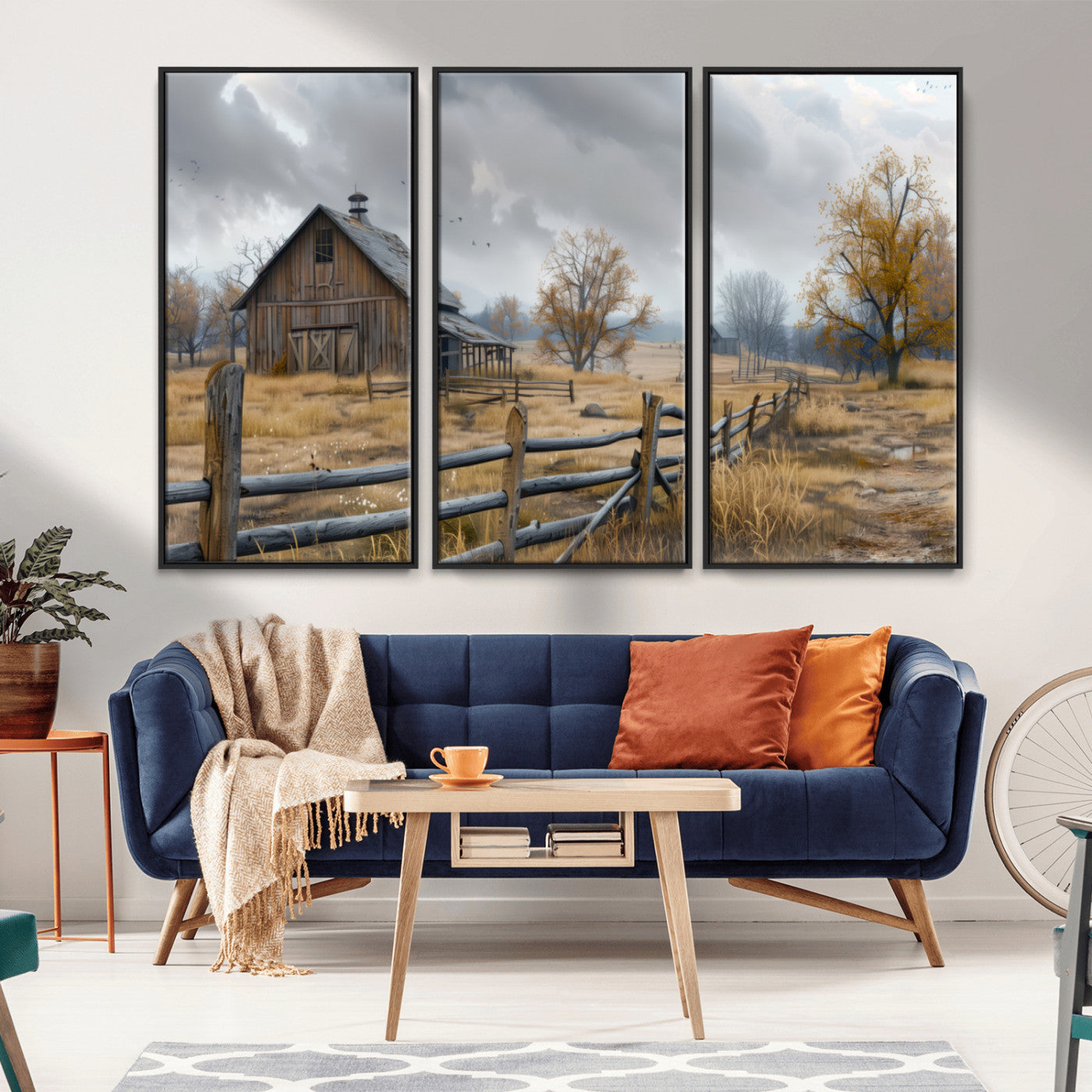 A tranquil rural scene featuring a rustic barn, overcast skies, and golden fields with scattered trees, evoking a sense of peaceful solitude in nature.