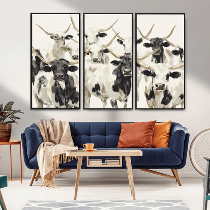 Canvas of a Texas Longhorn cattle herd in neutral black and white tones, ideal for rustic farmhouse or western-themed decor.