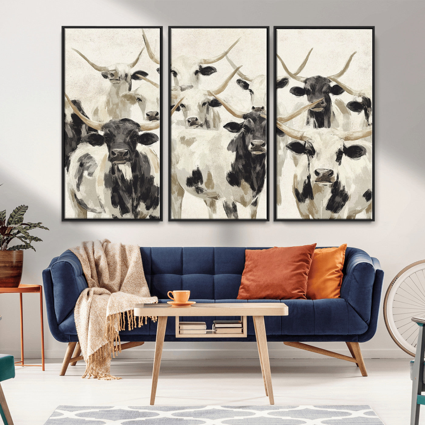 Canvas of a Texas Longhorn cattle herd in neutral black and white tones, ideal for rustic farmhouse or western-themed decor.