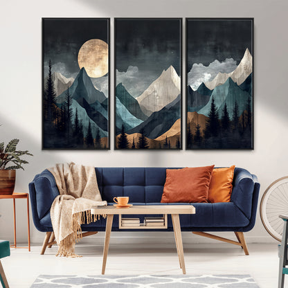 Stylized canvas of layered mountains under a full moon in neutral moody tones, ideal for nature-inspired or modern rustic interiors.