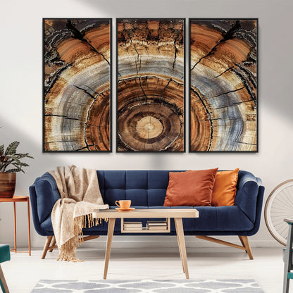 Canvas of tree rings and natural wood grain in earthy tones, ideal for rustic or vintage-inspired home decor with organic textures.