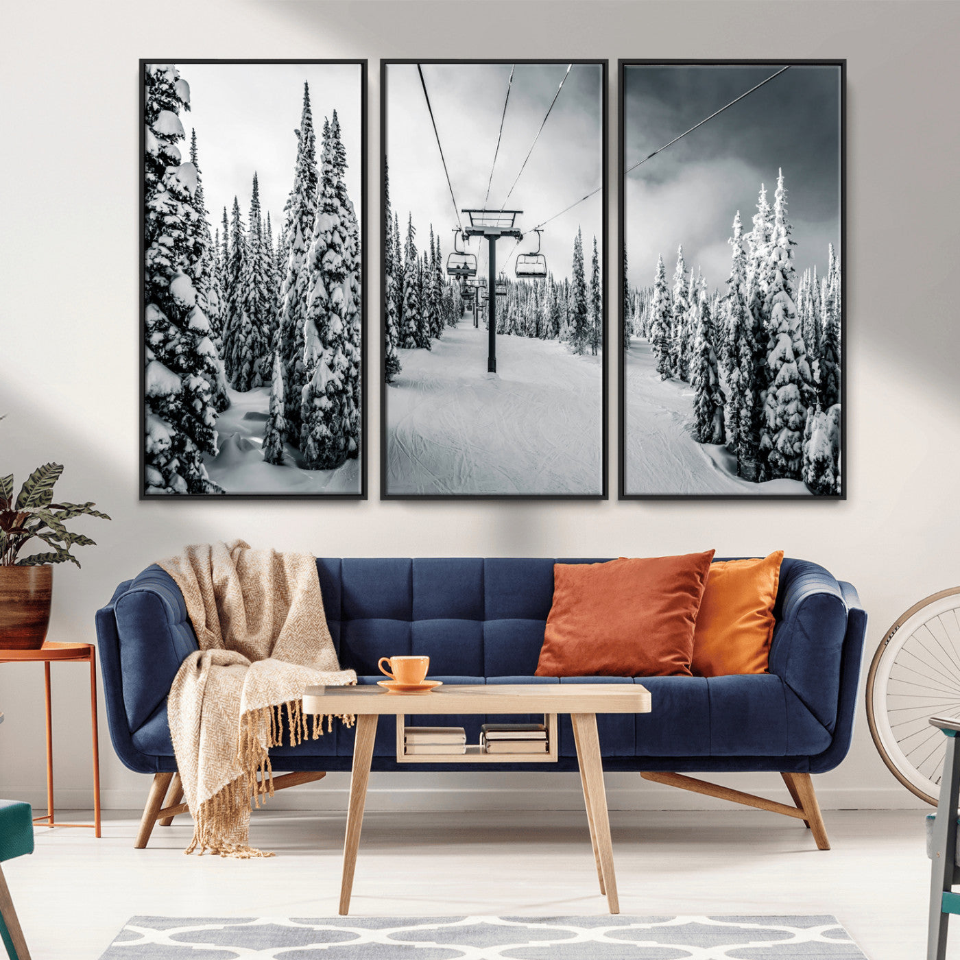 Canvas of a snowy ski lift scene through a forest of tall pine trees, ideal for moody winter or alpine-themed home decor.