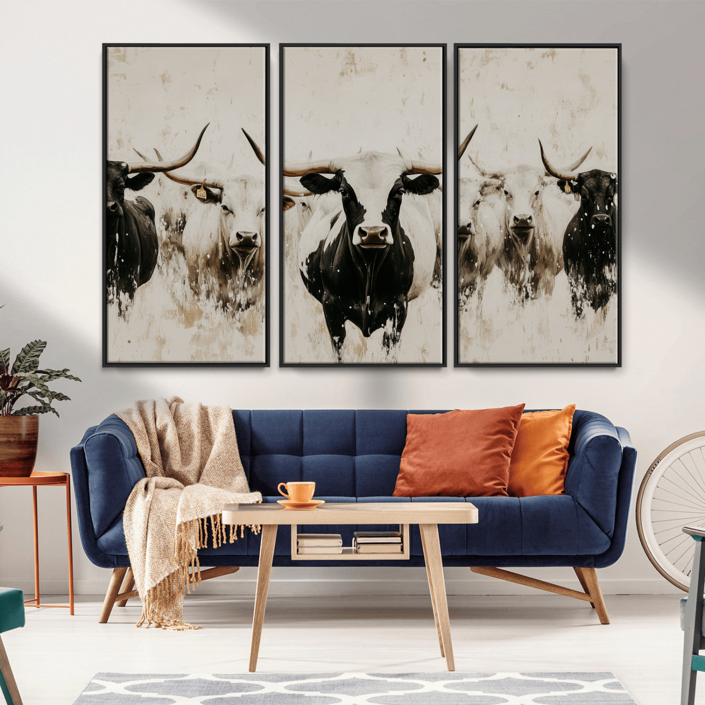 Illustrated herd of longhorn cattle in black and white tones with a neutral textured background, perfect for rustic or farmhouse-style decor.