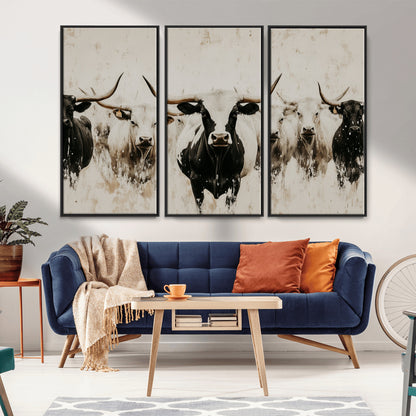 Illustrated herd of longhorn cattle in black and white tones with a neutral textured background, perfect for rustic or farmhouse-style decor.