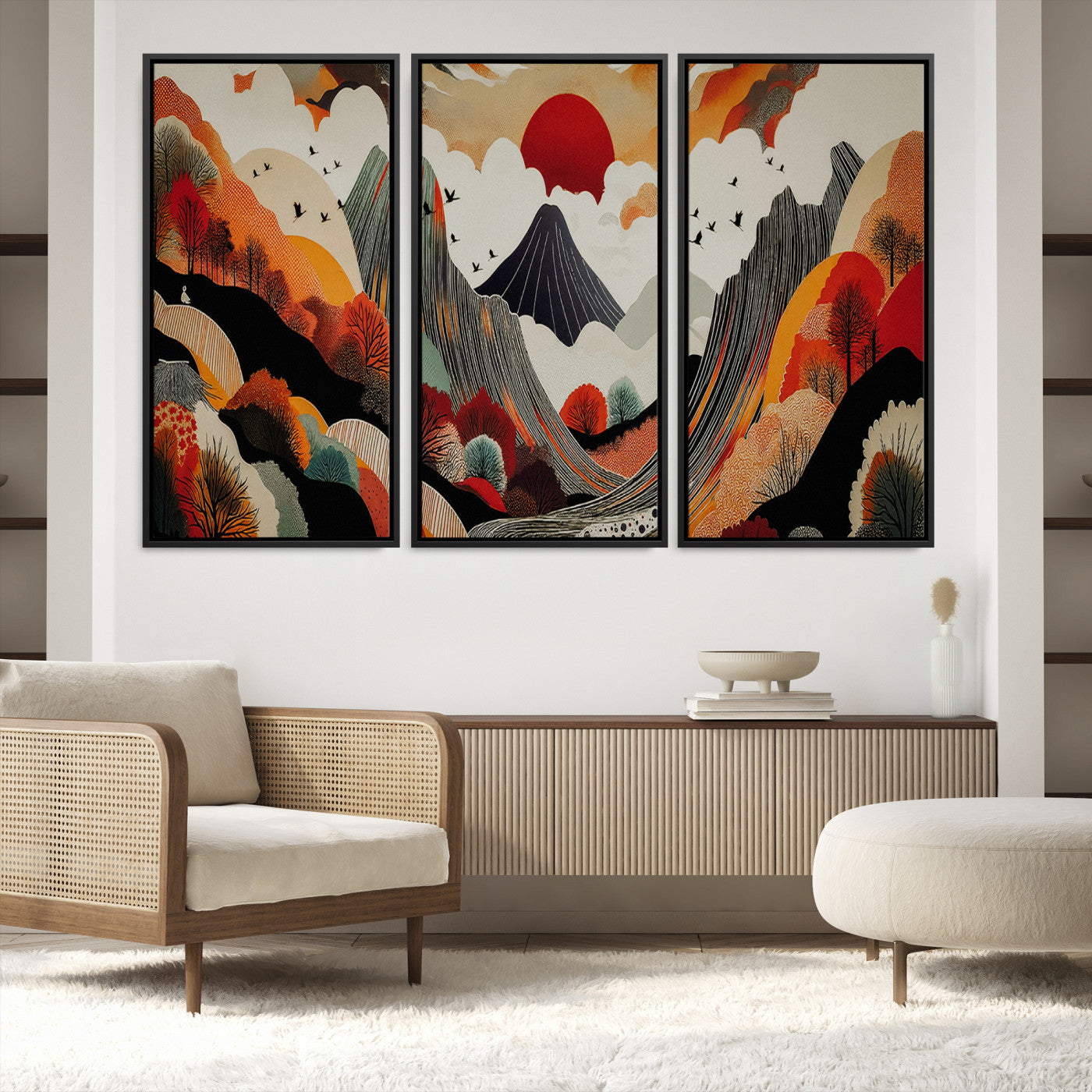 Abstract Mountain Wall Art Canvas Print, Vibrant Landscape Print, Framed Stylized Nature Drawing Art Print, Large Sunset Mountains Printing Perfect for Contemporary Minimalist Decor