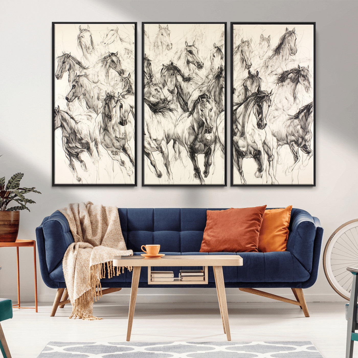 Monochrome ink sketch of galloping horses in dynamic motion, perfect for western or equine-themed wall decor with bold artistic energy.