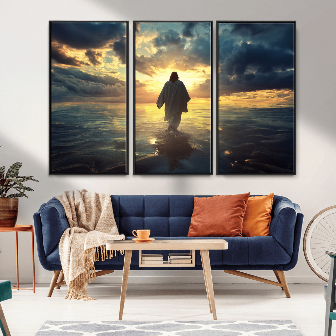 Spiritual artwork of Jesus walking on water at golden hour with divine light, ideal for Christian home decor or prayer room.