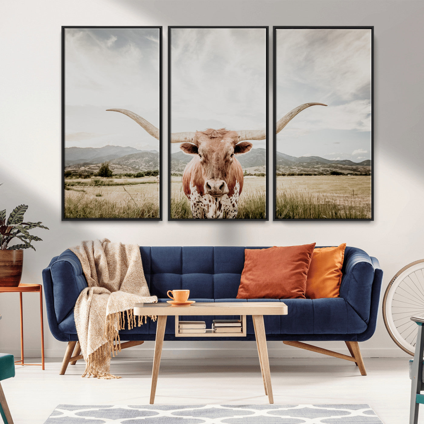 Longhorn Wall Art Print - Western Cow Canvas Print, featuring a majestic Texas longhorn in a rustic prairie setting, perfect for farmhouse and western decor.