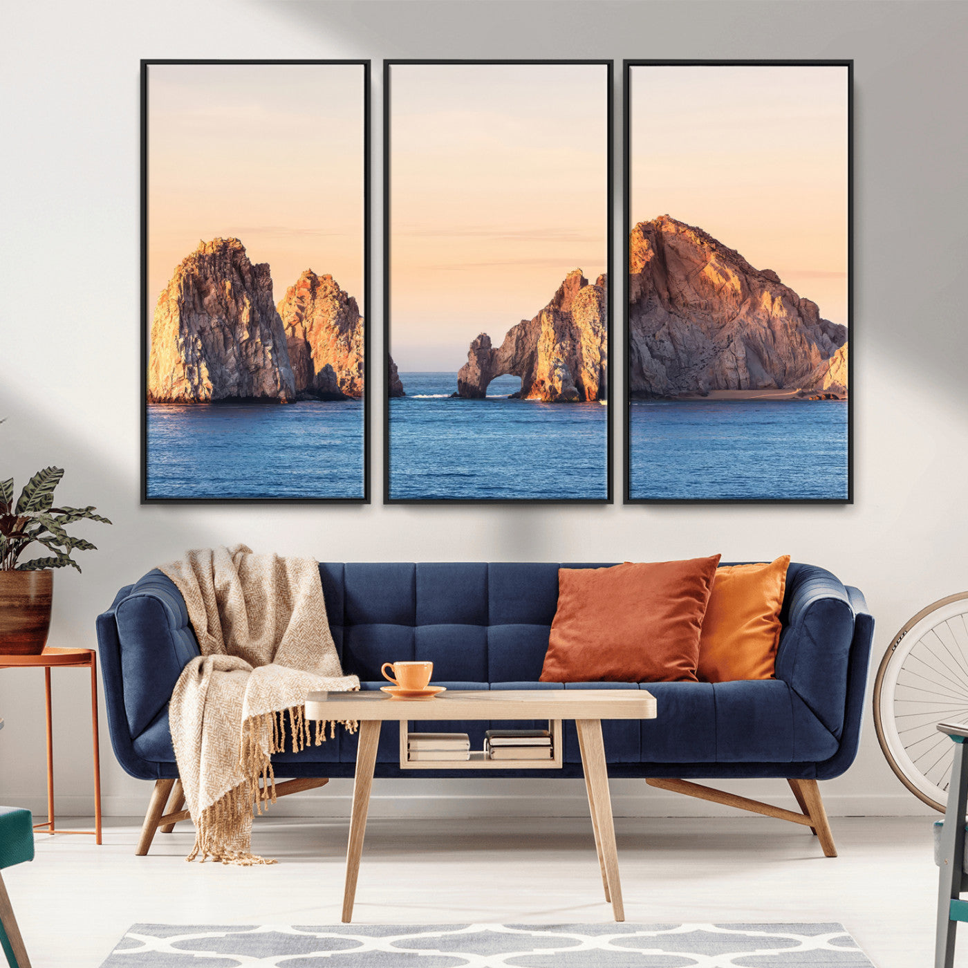 Framed canvas of El Arco rock formation in Cabo San Lucas at golden hour, ideal for coastal landmark or ocean-inspired decor.