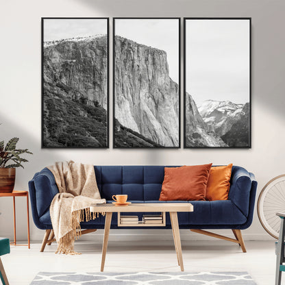 Monochrome canvas of El Capitan’s granite wall in Yosemite with snowy peaks, ideal for dramatic mountain or black-and-white nature decor.