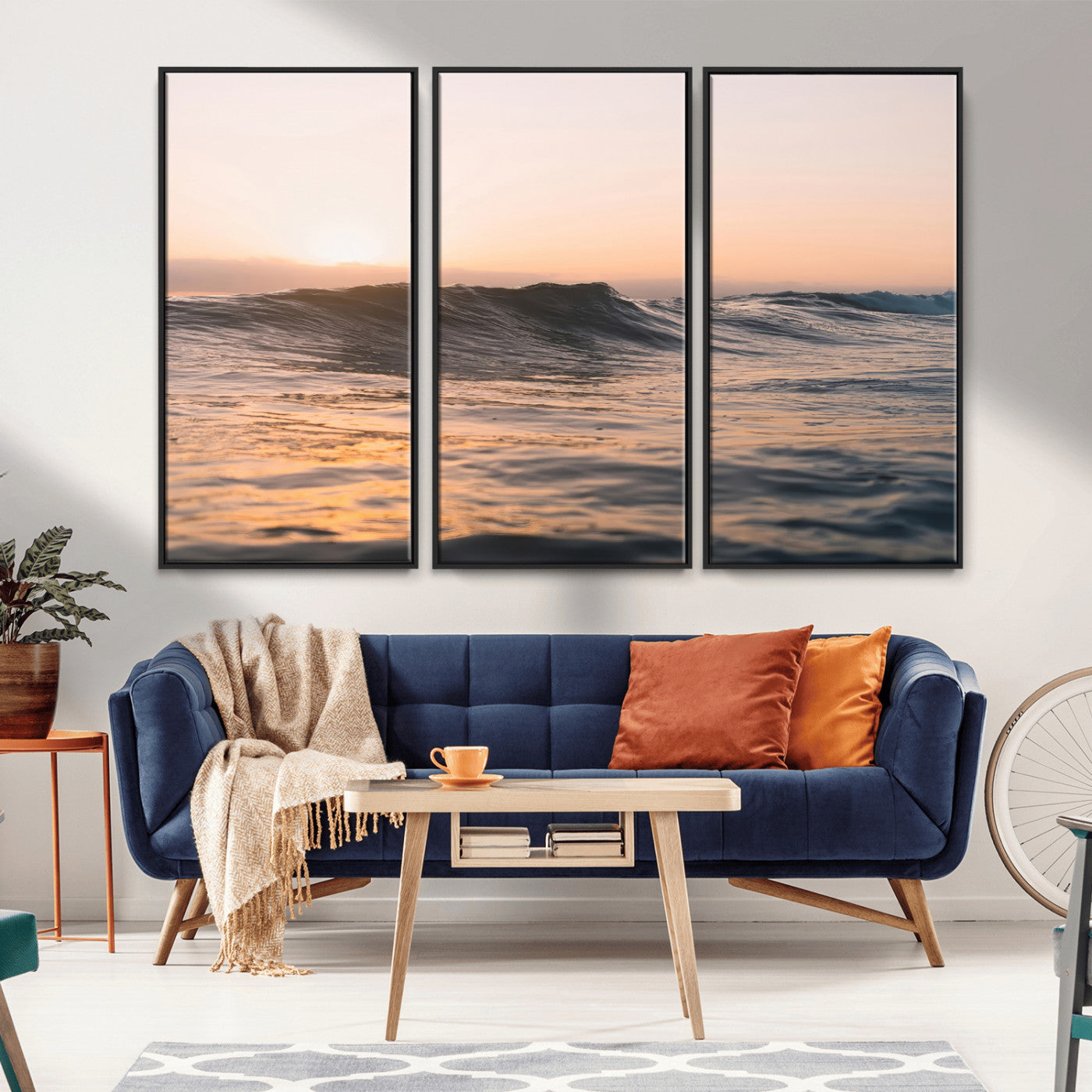 Framed canvas of ocean waves glowing in sunset light, ideal for golden hour calm or peaceful coastal-inspired wall decor.