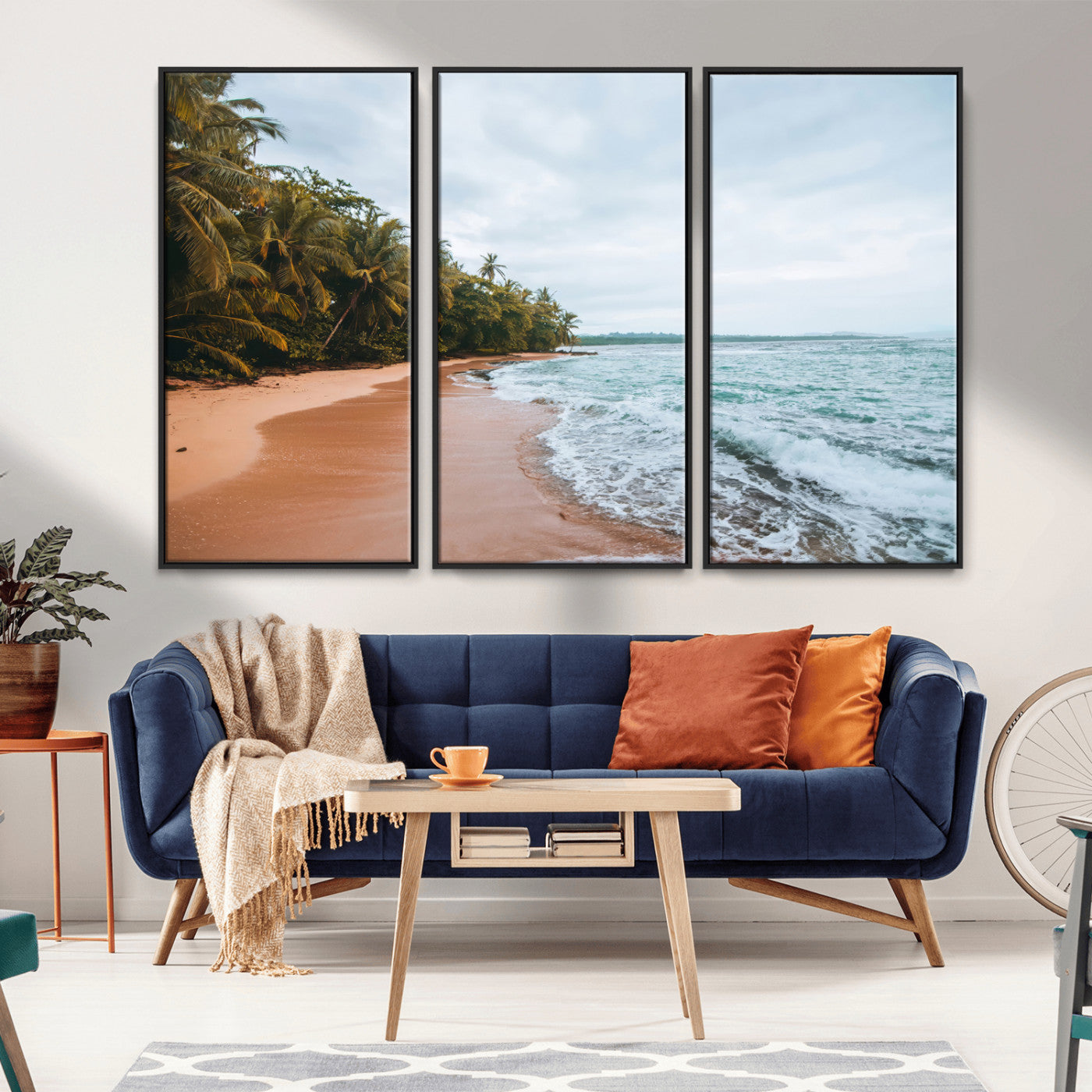 Framed canvas of a tropical beach with palm trees and soft waves, ideal for coastal escape or serene nature-inspired home decor.