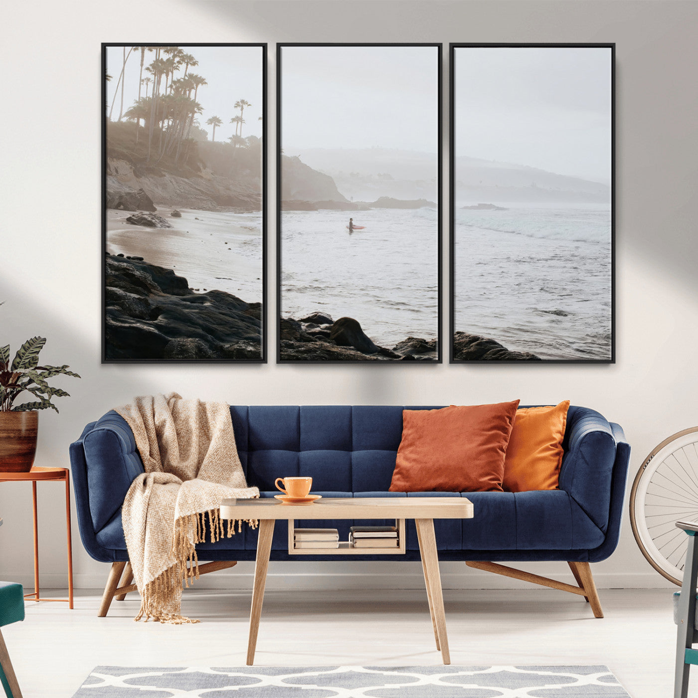 Framed canvas of a surfer in misty coastal tones at a foggy California beach, ideal for minimalist coastal beach or serene ocean-themed decor.