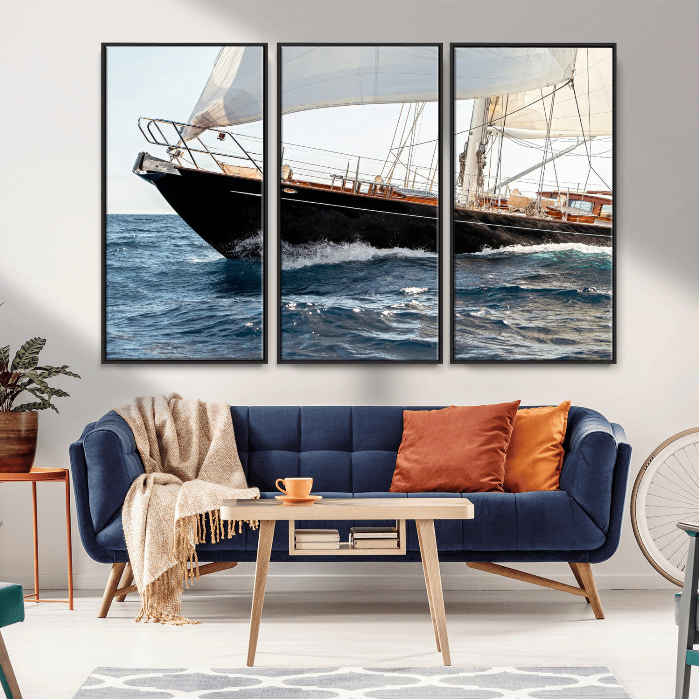 Close-up of a classic sailing yacht with wooden deck and full sails, perfect for nautical or coastal-style decor in ocean-themed spaces.