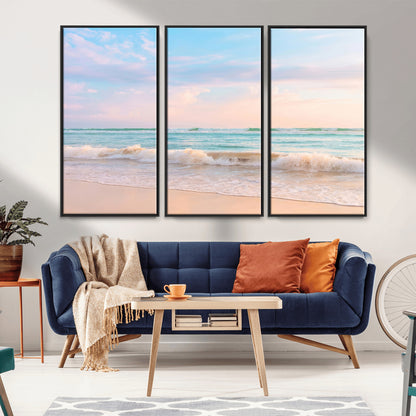 Pastel-toned ocean waves under soft sunset skies, ideal for pastel coastal or serene beach-style home decor.